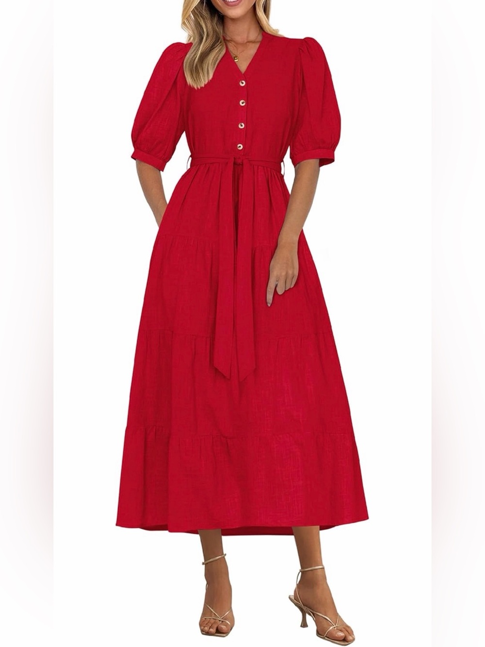 NWT Women's Red Orange Tiered Midi Dress with Puff Sleeves Boho Summer, Small